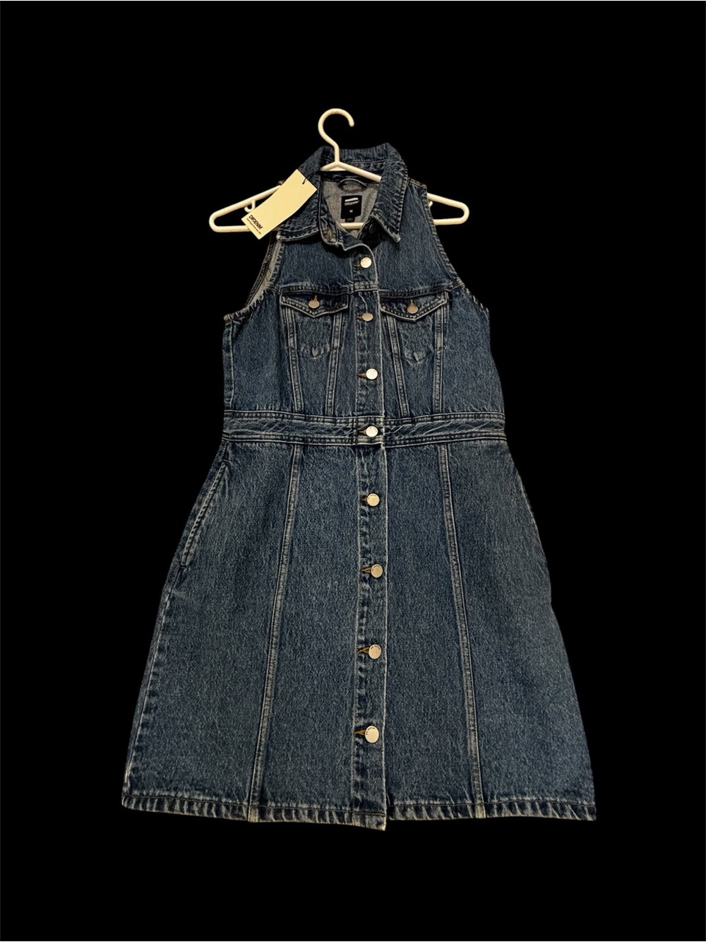 Sleeveless Button-Front Denim Dress - Dark Blue